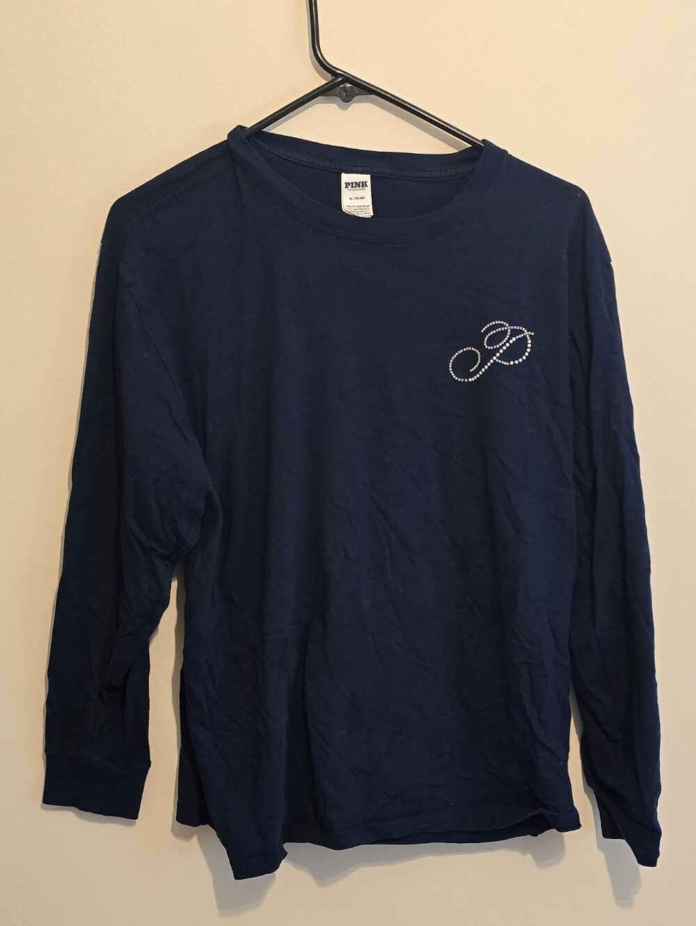 PINK Victoria's Secret Navy Long Sleeve Crew with Rhinestone Accents